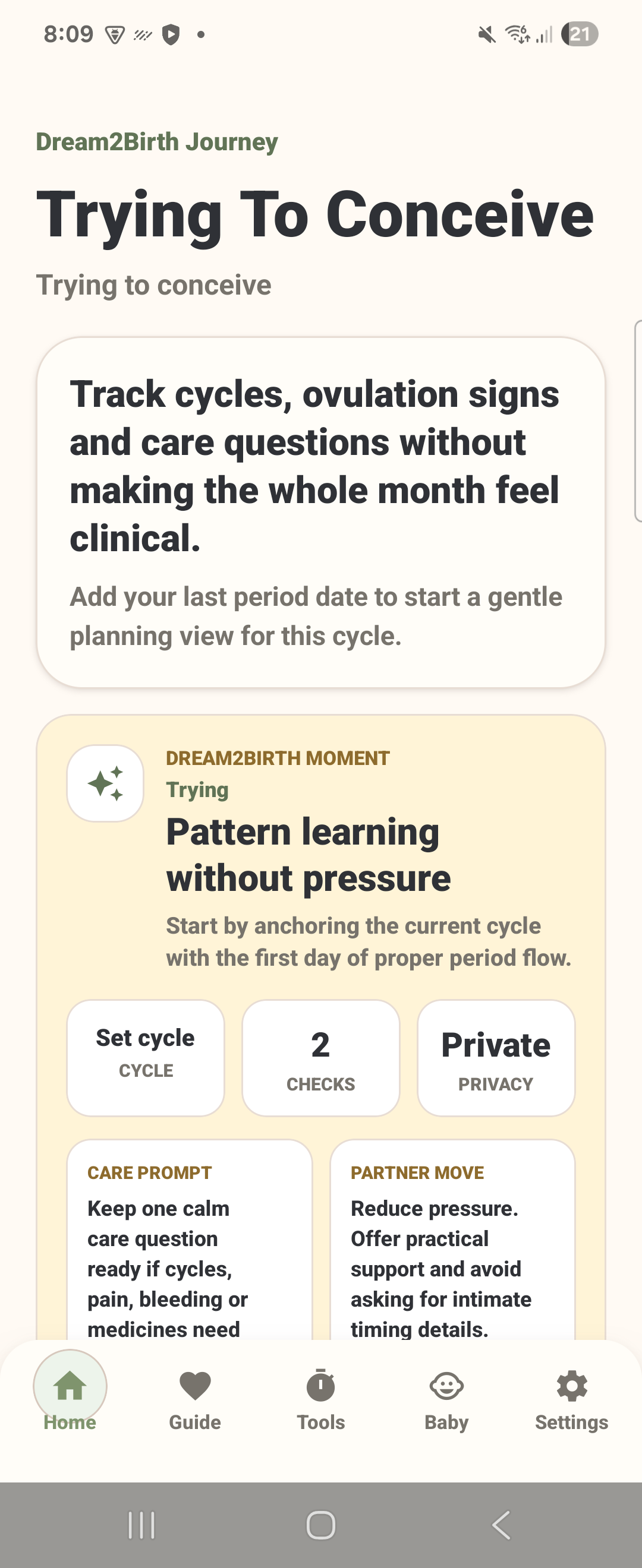 Dream2Birth trying to conceive screen with cycle planning and a care prompt